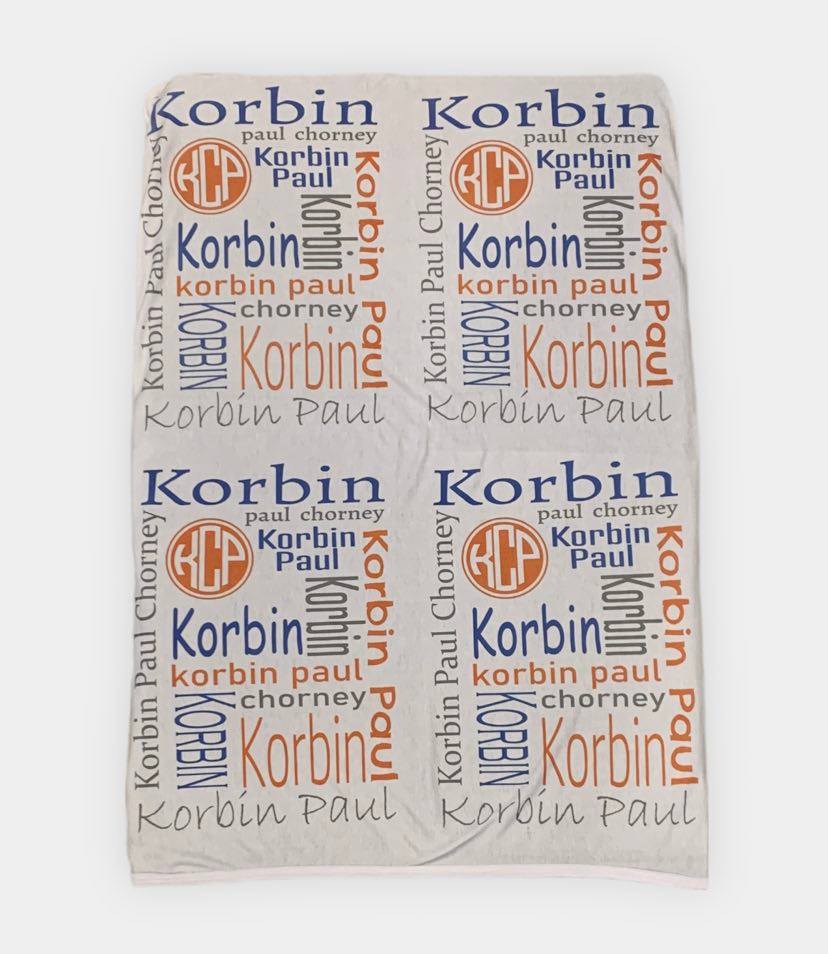  Baby Name blanket.  Name used as a four square design, Color scheme is orange, dark blue and grey