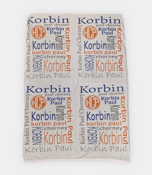  Baby Name blanket.  Name used as a four square design, Color scheme is orange, dark blue and grey